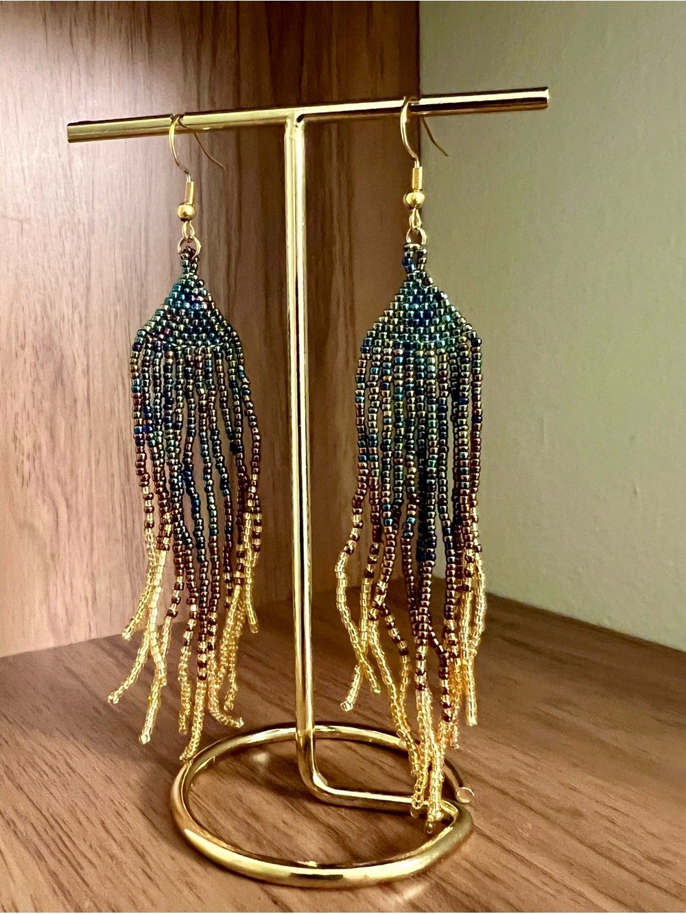 Shimmering Blue and Gold Seed Bead Earrings